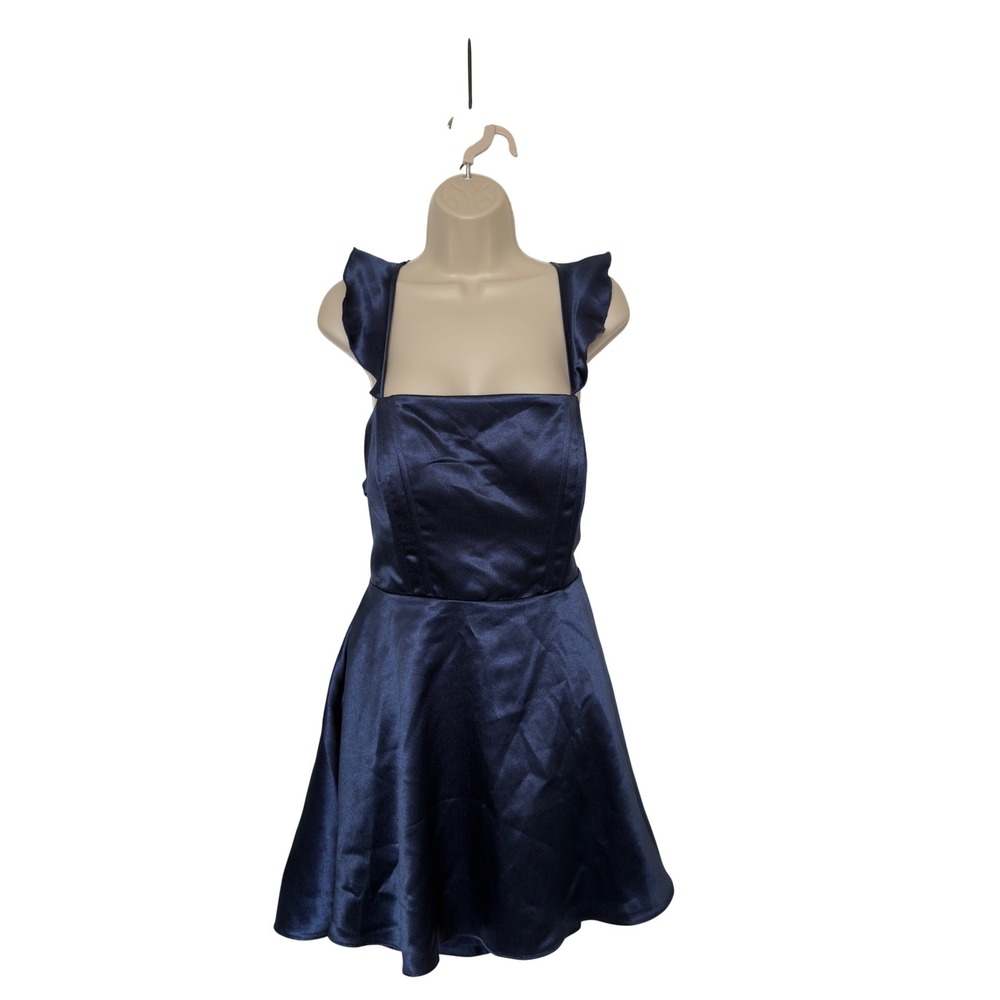 City Studios Navy Blue Satin Juniors Size 15/16 Mini Dress Ruffle Straps Y2K